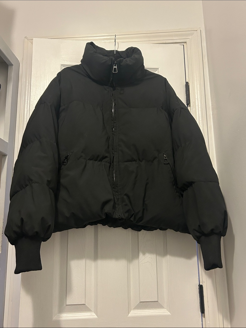 Black Puffer Jacket with High Collar